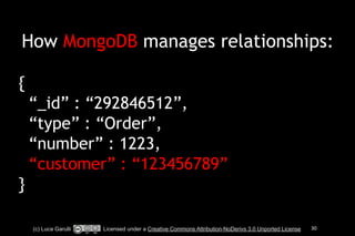 How MongoDB manages relationships: 
! 
{ 
“_id” : “292846512”, 
“type” : “Order”, 
“number” : 1223, 
“customer” : “123456789” 
} 
(c) Luca Garulli Licensed under a Creative Commons Attribution-NoDerivs 3.0 Unported License 30 
 