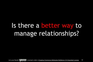 Is there a better way to 
manage relationships? 
(c) Luca Garulli Licensed under a Creative Commons Attribution-NoDerivs 3.0 Unported License 32 
 