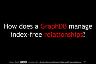 How does a GraphDB manage 
index-free relationships? 
(c) Luca Garulli Licensed under a Creative Commons Attribution-NoDerivs 3.0 Unported License 34 
 