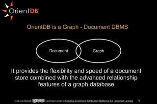 OrientDB is a Graph - Document DBMS 
Document Graph 
It provides the flexibility and speed of a document 
store combined with the advanced relationship 
features of a graph database 
(c) Luca Garulli Licensed under a Creative Commons Attribution-NoDerivs 3.0 Unported License 75 
 