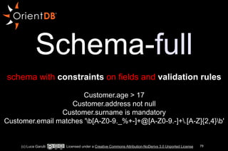 Schema-full 
! 
schema with constraints on fields and validation rules 
! 
Customer.age > 17 
Customer.address not null 
Customer.surname is mandatory 
Customer.email matches 'b[A-Z0-9._%+-]+@[A-Z0-9.-]+.[A-Z]{2,4}b' 
(c) Luca Garulli Licensed under a Creative Commons Attribution-NoDerivs 3.0 Unported License 79 
 