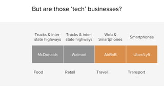 But are those ‘tech’ businesses? 
Trucks & inter-state 
highways 
Trucks & inter-state 
highways 
Web & 
Smartphones Smart...
