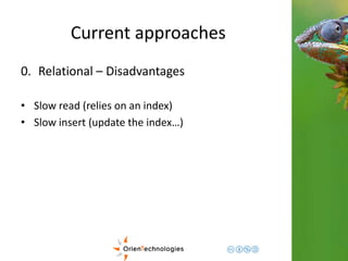 Current approaches 
0. Relational – Disadvantages 
• Slow read (relies on an index) 
• Slow insert (update the index…) 
 