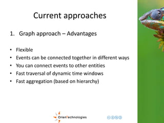 Current approaches 
1. Graph approach – Advantages 
• Flexible 
• Events can be connected together in different ways 
• You can connect events to other entities 
• Fast traversal of dynamic time windows 
• Fast aggregation (based on hierarchy) 
 