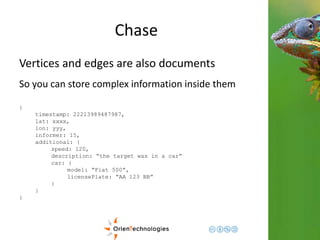 Chase 
Vertices and edges are also documents 
So you can store complex information inside them 
{ 
timestamp: 22213989487987, 
lat: xxxx, 
lon: yyy, 
informer: 15, 
additional: { 
speed: 120, 
description: “the target was in a car” 
car: { 
model: “Fiat 500”, 
licensePlate: “AA 123 BB” 
} 
} 
} 
 