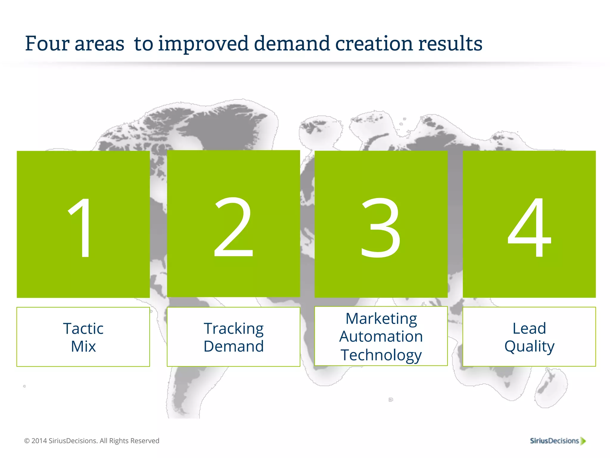 Four areas to improved demand creation results 
1 
Tactic 
Mix 
© 2014 SiriusDecisions. All Rights Reserved 
2 
Tracking 
Demand 
4 
Lead 
Quality 
3 
Marketing 
Automation 
Technology 
 
