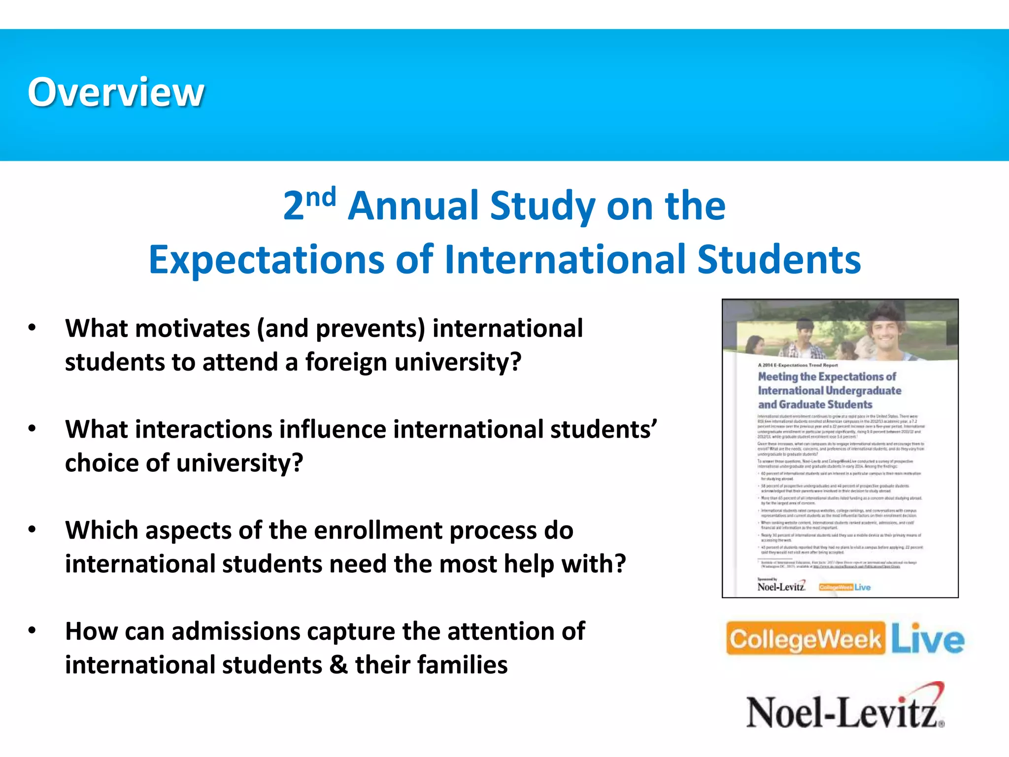 Overview 
2nd Annual Study on the 
Expectations of International Students 
• What motivates (and prevents) international 
students to attend a foreign university? 
• What interactions influence international students’ 
choice of university? 
• Which aspects of the enrollment process do 
international students need the most help with? 
• How can admissions capture the attention of 
international students & their families 
 