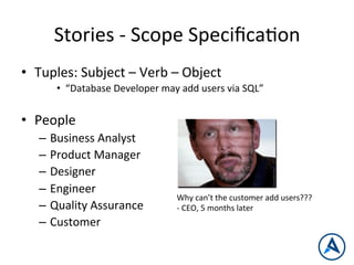 Stories	
  -­‐	
  Scope	
  SpeciﬁcaPon	
  
•  Tuples:	
  Subject	
  –	
  Verb	
  –	
  Object	
  
•  “Database	
  Developer	
  may	
  add	
  users	
  via	
  SQL”	
  
•  People	
  
–  Business	
  Analyst	
  
–  Product	
  Manager	
  
–  Designer	
  
–  Engineer	
  
–  Quality	
  Assurance	
  
–  Customer	
  
	
  
Why	
  can’t	
  the	
  customer	
  add	
  users???	
  
-­‐	
  CEO,	
  5	
  months	
  later	
  
 