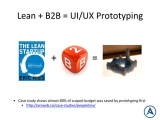 Lean	
  +	
  B2B	
  =	
  UI/UX	
  Prototyping	
  
+	
   =	
  
•  Case	
  study	
  shows	
  almost	
  80%	
  of	
  scoped	
  budget	
  was	
  saved	
  by	
  prototyping	
  ﬁrst	
  
•  h_p://arcweb.co/case-­‐studies/peoplelinx/	
  
 