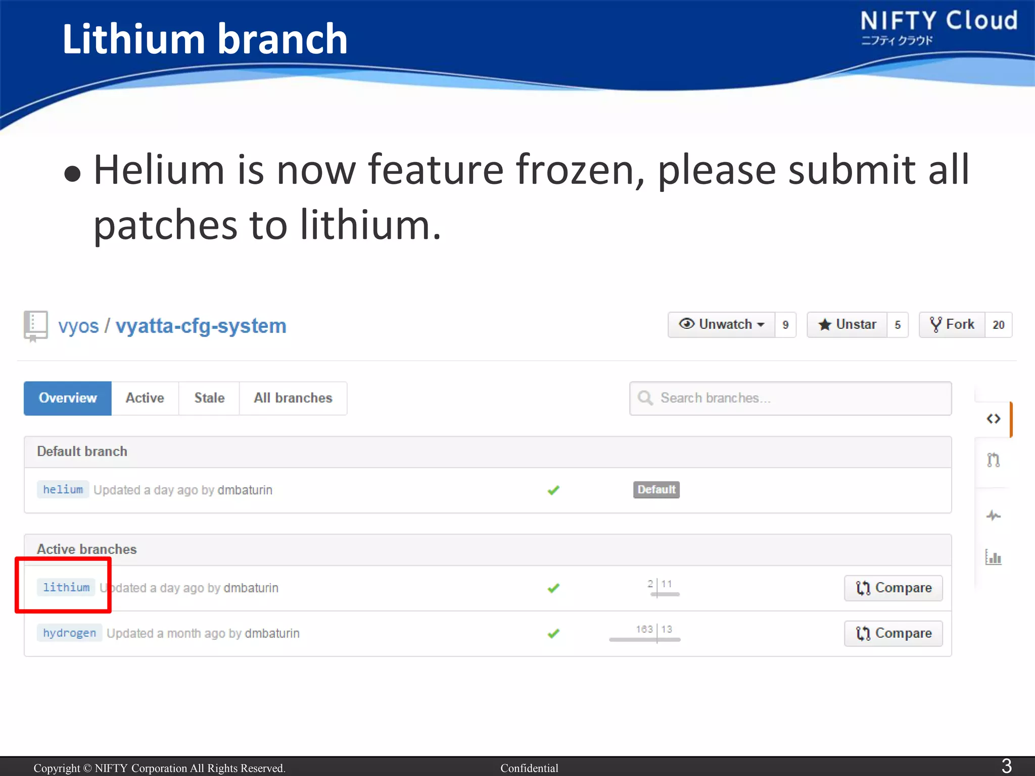 Copyright © NIFTY Corporation All Rights Reserved. 
Confidential 
3 
Lithium branch 
Helium is now feature frozen, please submit all patches to lithium.  