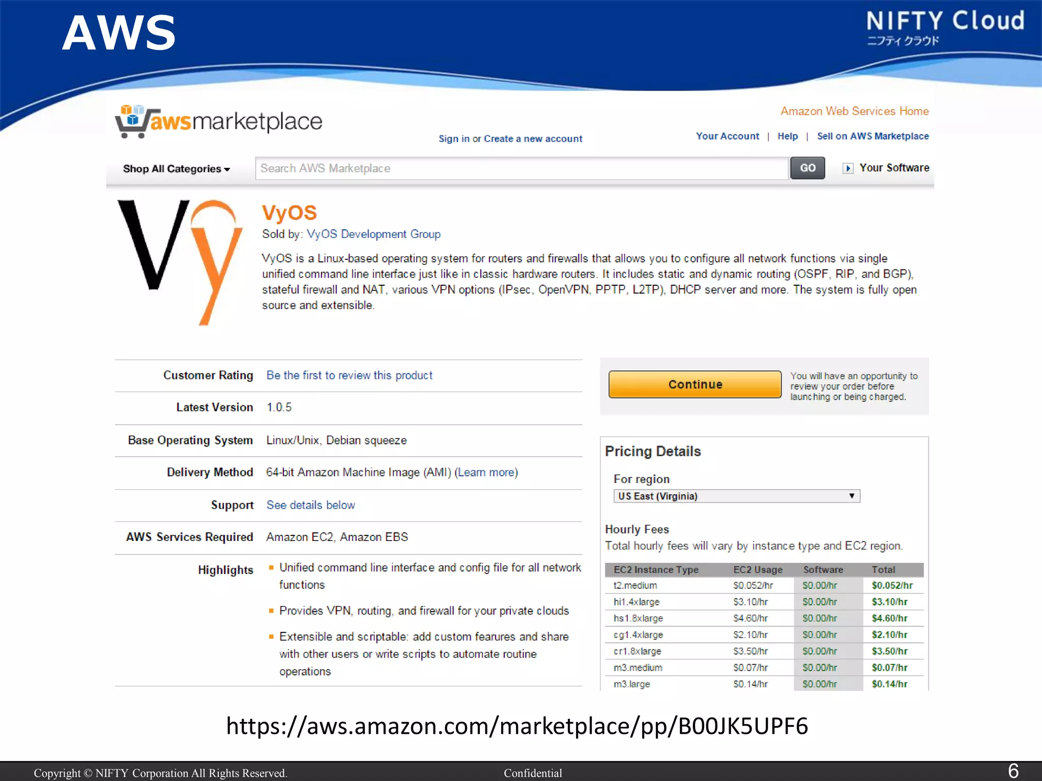 Copyright © NIFTY Corporation All Rights Reserved. 
Confidential 
6 
AWS 
VyOS1.0.5 64bit 
https://aws.amazon.com/marketplace/pp/B00JK5UPF6  