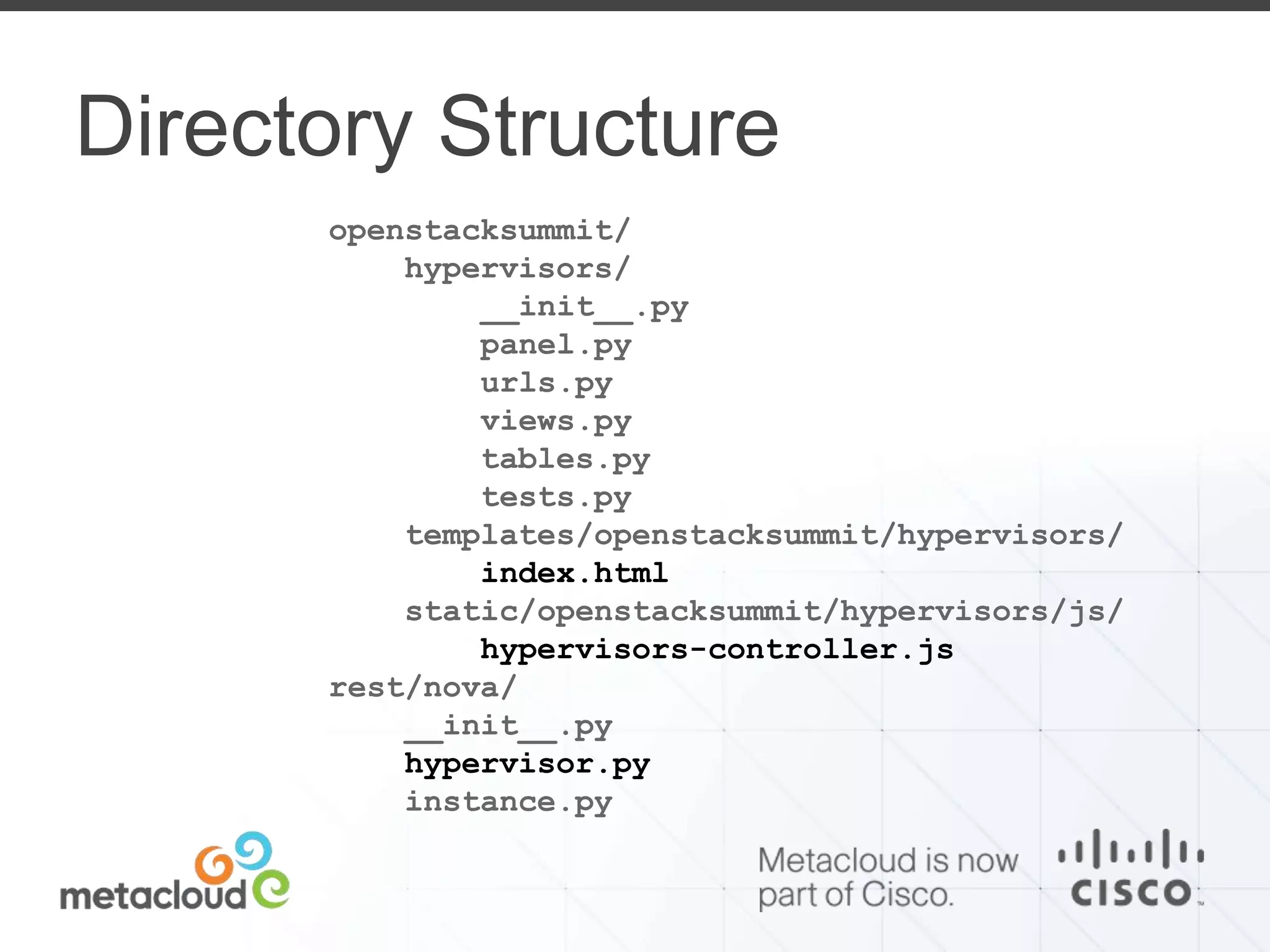 Directory Structure 
openstacksummit/ 
hypervisors/ 
__init__.py 
panel.py 
urls.py 
views.py 
tables.py 
tests.py 
templates/openstacksummit/hypervisors/ 
index.html 
static/openstacksummit/hypervisors/js/ 
hypervisors-controller.js 
rest/nova/ 
__init__.py 
hypervisor.py 
instance.py 
 