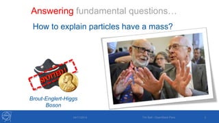 Answering fundamental questions… 
How to explain particles have a mass? 
Brout-Englert-Higgs 
Boson 
04/11/2014 Tim Bell - OpenStack Paris 3 
 