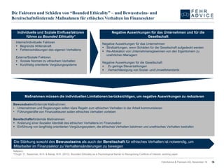 Die Faktorenund Schädenvon “Bounded Ethicality” –und Bewusstseins-und BereitschaftsförderndeMaßnahmenfürethischesVerhaltenimFinanzsektor 
16 
FehrAdvice & Partners AG, November 14 
Individuelle und Soziale Einflussfaktoren führen zu BoundedEthicality* 
Interne/Individuelle Faktoren 
Begrenzte Willenskraft 
Fehleinschätzungen des eigenen Verhaltens 
Externe/Soziale Faktoren 
Soziale Normen zu ethischem Verhalten 
Kurzfristig orientierte Vergütungssysteme 
Maßnahmen müssen die individuellen Limitationen berücksichtigen, um negative Auswirkungen zu reduzieren 
Bewusstseinsfördernde Maßnahmen: 
•Unternehmen und Regierungen sollen klare Regeln zum ethischen Verhalten in der Arbeit kommunizieren 
•Führungskräfte von Finanzakteuren sollen ethisches Verhalten vorleben 
Bereitschaftsfördernde Maßnahmen: 
Kreierung einer Sozialen Identität des ethischen Verhaltens im Finanzsektor 
Einführung von langfristig orientierten Vergütungssystem, die ethisches Verhalten belohnen und unethisches Verhalten bestrafen 
Negative Auswirkungen für das Unternehmen 
Strafzahlungen, wenn Schäden für die Gesellschaft aufgedeckt werden 
Re-Allokation von Unternehmensgewinnen von den Eigentümern zu unehrlichen Managern 
Negative Auswirkungen für die Gesellschaft 
Zu geringe Steuerzahlungen 
Vernachlässigung von Sozial-und Umweltstandards 
Negative Auswirkungen für das Unternehmen und für die Gesellschaft 
Die Stärkung sowohl des Bewusstseinsals auch der Bereitschaftfür ethisches Verhalten ist notwendig, um Mitarbeiter im Finanzsektor zu Verhaltensänderungen zu bewegen 
Referenz: 
*Chugh, D., Bazerman, M.H. & Banaji, M.R. (2012). BoundedEthicalityasa Psychological BarriertoRecognizingConflictsofInterest, workingpaper 
 