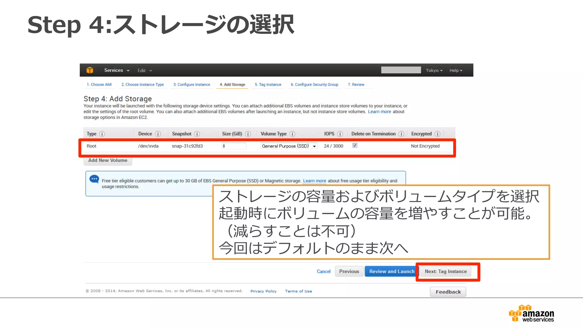 Step 4:ストレージの選択 
ストレージの容量量およびボリュームタイプを選択 
起動時にボリュームの容量量を増やすことが可能。 
（減らすことは不不可） 
今回はデフォルトのまま次へ 
 