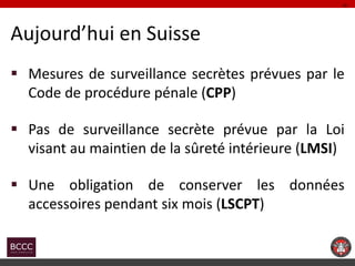 Aujourd’hui en Suisse 
Mesures de surveillance secrètes prévues par le Code de procédure pénale (CPP) 
Pas de surveillan...