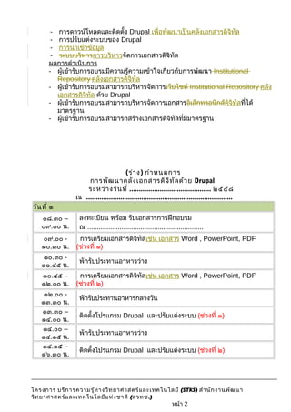 - การดาวน์โหลดและติดตั้ง Drupal เพื่อพัฒนาเป็นคลังเอกสารดิจิทัล 
- การปรับแต่งระบบของ Drupal 
- การนำาเข้าข้อมูล 
- ระบบบริหารการบริหารจัดการเอกสารดิจิทัล 
ผลการดำาเนินการ 
- ผู้เข้ารับการอบรมมีความรู้ความเข้าใจเกี่ยวกับการพัฒนา Institutional 
Repository คลังเอกสารดิจิทัล 
- ผู้เข้ารับการอบรมสามารถบริหารจัดการเว็บไซต์ Institutional Repository คลัง 
เอกสารดิจิทัล ด้วย Drupal 
- ผู้เข้ารับการอบรมสามารถบริหารจัดการเอกสารอิเล็กทรอนิกส์ดิจิทัลที่ได้ 
มาตรฐาน 
- ผู้เข้ารับการอบรมสามารถสร้างเอกสารดิจิทัลที่มีมาตรฐาน 
(ร่าง) กำาหนดการ 
การพัฒนาคลังเอกสารดิจิทัลด้วย Drupal 
ระหว่างวันที่ ........................................... ๒๕๕๘ 
ณ ............................................................................. 
วันที่ ๑ 
๐๘.๓๐ – 
๐๙.๐๐ น. 
ลงทะเบียน พร้อม รับเอกสารการฝึกอบรม 
ณ ............................................................. 
๐๙.๐๐ - 
๑๐.๓๐ น. 
การเตรียมเอกสารดิจิทัลเช่น เอกสาร Word , PowerPoint, PDF 
(ช่วงที่ ๑) 
๑๐.๓๐ - 
๑๐.๔๕ น. พักรับประทานอาหารว่าง 
๑๐.๔๕ – 
๑๒.๐๐ น. 
การเตรียมเอกสารดิจิทัลเช่น เอกสาร Word , PowerPoint, PDF 
(ช่วงที่ ๒) 
๑๒.๐๐ - 
๑๓.๓๐ น. พักรับประทานอาหารกลางวัน 
๑๓.๓๐ – 
๑๔.๐๐ น. ติดตั้งโปรแกรม Drupal และปรับแต่งระบบ (ช่วงที่ ๑) 
๑๔.๐๐ – 
๑๔.๑๕ น. พักรับประทานอาหารว่าง 
๑๔.๑๕ – 
๑๖.๓๐ น. ติดตั้งโปรแกรม Drupal และปรับแต่งระบบ (ช่วงที่ ๒) 
โครงการ บริการความรู้ทางวิทยาศาสตร์และเทคโนโลยี (STKS) สำานักงานพัฒนา 
วิทยาศาสตร์และเทคโนโลยีแห่งชาติ (สวทช.) 
หน้า 2 
 
