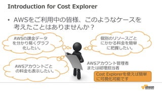 Introduction for Cost Explorer 
 
• AWSをご利利⽤用中の皆様、このようなケースを 
考えたことはありませんか？ 
AWSの課⾦金金データ 
を分かり易易くグラフ 
化したい。 
個別のリソースごと 
にかかる料料⾦金金を簡単 
に把握したい。 
AWSアカウント管理理者 
AWSアカウントごとまたは経理理担当者 
の料料⾦金金も表⽰示したい。 
Cost Explorerを使えば簡単 
に可視化可能です 
 
