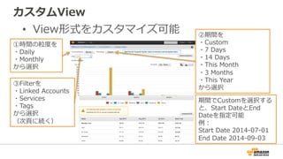 カスタムView 
• View形式をカスタマイズ可能 
①時間の粒粒度度を 
・Daily 
・Monthly 
から選択 
③Filterを 
・Linked Accounts 
・Services 
・Tags 
から選択 
（次⾴頁に続く） 
②期間を 
・Custom 
・7 Days 
・14 Days 
・This Month 
・3 Months 
・This Year 
から選択 
期間でCustomを選択する 
と、Start DateとEnd 
Dateを指定可能 
例例： 
Start Date 2014-‐‑‒07-‐‑‒01 
End Date 2014-‐‑‒09-‐‑‒03 
 
