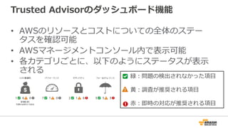 Trusted Advisorのダッシュボード機能 
• AWSのリソースとコストについての全体のステー 
タスを確認可能 
• AWSマネージメントコンソール内で表⽰示可能 
• 各カテゴリごとに、以下のようにステータスが表⽰示 
される　　緑：問題の検出されなかった項⽬目 
 
⻩黄：調査が推奨される項⽬目 
 
⾚赤：即時の対応が推奨される項⽬目 
 