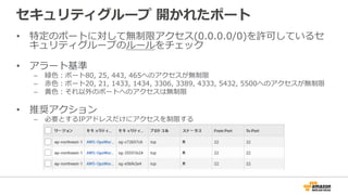 セキュリティグループ 開かれたポート 
• 特定のポートに対して無制限アクセス(0.0.0.0/0)を許可しているセ 
キュリティグループのルールをチェック 
 
• アラート基準 
– 緑⾊色：ポート80, 25, 443, 465へのアクセスが無制限 
– ⾚赤⾊色：ポート20, 21, 1433, 1434, 3306, 3389, 4333, 5432, 5500へのアクセスが無制限 
– ⻩黄⾊色：それ以外のポートへのアクセスは無制限 
• 推奨アクション 
– 必要とするIPアドレスだけにアクセスを制限する 
 