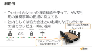 利利⽤用例例 
• Trusted Advisorの通知機能を使って、AWS利利 
⽤用の推奨事項の把握に役⽴立立てる 
• 社内もしくは協⼒力力会社との定期的な打ち合わせ 
の場でのレビュー時に活⽤用 
セキュリティグループ 
の設定は⼤大丈夫？ 
RDSをMulti-‐‑‒AZ構成 
にしてる？ 
 
