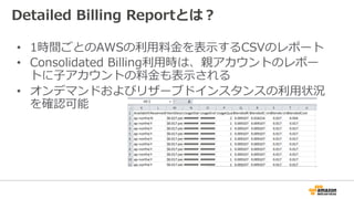 Detailed Billing Reportとは？ 
• 1時間ごとのAWSの利利⽤用料料⾦金金を表⽰示するCSVのレポート 
• Consolidated Billing利利⽤用時は、親アカウントのレポー 
トに⼦子アカウントの料料⾦金金も表⽰示される 
• オンデマンドおよびリザーブドインスタンスの利利⽤用状況 
を確認可能 
 