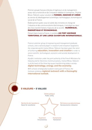 5 VALEURS – 5 VALUES
Utilité publique
Public utility
Pertinence socioéconomique
Socioeconomic relevance
Humanisme
Humanism
Recherche de l’excellence
Quest for excellence
Ouverture
Inclusiveness
France’s premier group of engineering and management graduate
schools, and a national player in research and innovation targeted to
the corporate world, Institut Mines‑Télécom has been given the remit
of furthering education, innovation and creation in order to
serve scientific, technological, economic and societal development in
France.
A public institution under the joint authority of the French Ministers for
Industry and for Electronic Communications, Institut Mines-Télécom
is at the heart of the three big issues transforming today’s society:
digital technology, energy, and the economy.
With schools strategically located in every part of France, the
Institute combines regional outreach with a thoroughly
international outlook.
Premier groupe français d’écoles d’ingénieurs et de management,
acteur de la recherche et de l’innovation dédiées à l’entreprise, l‘Institut
Mines‑Télécom a pour vocation de former, innover et créer
au service du développement scientifique, technologique, économique et
social de la France.
Établissement public sous la tutelle des ministres en charge de
l’industrie et des communications électroniques, il est placé au cœur
des trois transformations majeures de la société : numérique,
énergétique et économique.
Présent dans toute la France, il combine un fort ancrage
territorial et une large ouverture internationale.
3
 
