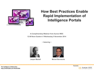 The Intelligence Collaborative 
http://IntelCollab.com #IntelCollab 
How Best Practices Enable 
Rapid Implementation of 
Intelligence Portals 
Powered by 
A Complimentary Webinar from Aurora WDC 
12:00 Noon Eastern /// Wednesday 5 November 2014 
~ featuring ~ 
Jesper Martell Michel Bernaiche 
 