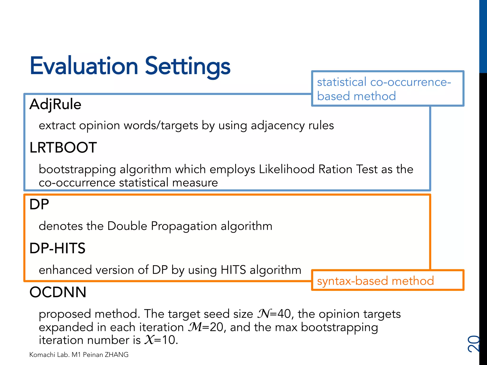 Evaluation Settings 
AdjRule 
extract opinion words/targets by using adjacency rules 
LRTBOOT 
bootstrapping algorithm which employs Likelihood Ration Test as the 
co-occurrence statistical measure 
DP 
denotes the Double Propagation algorithm 
DP-HITS 
enhanced version of DP by using HITS algorithm 
OCDNN 
proposed method. The target seed size N=40, the opinion targets 
expanded in each iteration M=20, and the max bootstrapping 
iteration number is X=10. 
Komachi Lab. M1 Peinan ZHANG 
20 
statistical co-occurrence-based 
method 
syntax-based method 
 