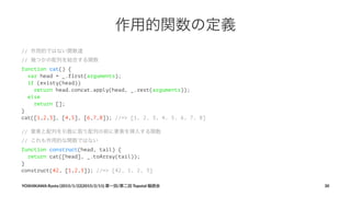 作用的関数の定義
// 作用的ではない関数達
// 幾つかの配列を結合する関数
function cat() {
var head = _.first(arguments);
if (existy(head))
return head.concat.apply(head, _.rest(arguments));
else
return [];
}
cat([1,2,3], [4,5], [6,7,8]); //=> [1, 2, 3, 4, 5, 6, 7, 8]
// 要素と配列を引数に取り配列の前に要素を挿入する関数
// これも作用的な関数ではない
function construct(head, tail) {
return cat([head], _.toArray(tail));
}
construct(42, [1,2,3]); //=> [42, 1, 2, 3]
YOSHIKAWA)Ryota)(2015/1/22|2015/2/11))第一回/第二回)Topotal)輪読会 30
 