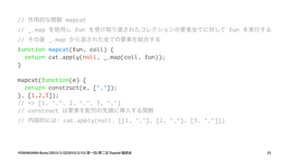 // 作用的な関数 mapcat
// _.map を使用し fun を受け取り渡されたコレクションの要素全てに対して fun を実行する
// その後 _.map から返された全ての要素を結合する
function mapcat(fun, coll) {
return cat.apply(null, _.map(coll, fun));
}
mapcat(function(e) {
return construct(e, [","]);
}, [1,2,3]);
// => [1, ",", 2, ",", 3, ","]
// construct は要素を配列の先頭に挿入する関数
// 内部的には: cat.apply(null, [[1, ","], [2, ","], [3, ","]])
YOSHIKAWA)Ryota)(2015/1/22|2015/2/11))第一回/第二回)Topotal)輪読会 31
 
