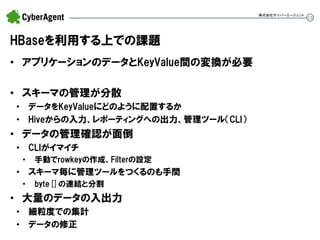 12 
HBaseを利用する上での課題 
•アプリケーションのデータとKeyValue間の変換が必要 
•スキーマの管理が分散 
•データをKeyValueにどのように配置するか 
•Hiveからの入力、レポーティングへの出力、管理ツール（CLI） 
•データの管理確認が面倒 
•CLIがイマイチ 
•手動でrowkeyの作成、Filterの設定 
•スキーマ毎に管理ツールをつくるのも手間 
•byte[]の連結と分割 
•大量のデータの入出力 
•細粒度での集計 
•データの修正 
株式会社サイバーエージェント  