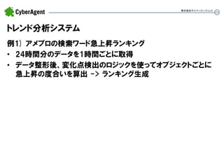 55 
トレンド分析システム 
例1) アメブロの検索ワード急上昇ランキング 
•24時間分のデータを1時間ごとに取得 
•データ整形後、変化点検出のロジックを使ってオブジェクトごとに 急上昇の度合いを算出 -> ランキング生成 
株式会社サイバーエージェント  