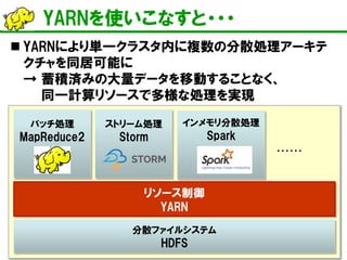 YARNを使いこなすと・・・ 
分散ファイルシステム 
HDFS 
バッチ処理 MapReduce2 
リソース制御 
YARN 
ストリーム処理 Storm 
・・・・・・ 
インメモリ分散処理 Spark 
 
YARNにより単一クラスタ内に複数の分散処理アーキテ クチャを同居可能に → 蓄積済みの大量データを移動することなく、 同一計算リソースで多様な処理を実現  