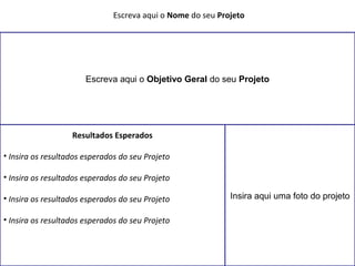 Escreva aqui o Nome do seu Projeto 
Escreva aqui o Objetivo Geral do seu Projeto 
Insira aqui uma foto do projeto 
Resultados Esperados 
• Insira os resultados esperados do seu Projeto 
• Insira os resultados esperados do seu Projeto 
• Insira os resultados esperados do seu Projeto 
• Insira os resultados esperados do seu Projeto 
 
