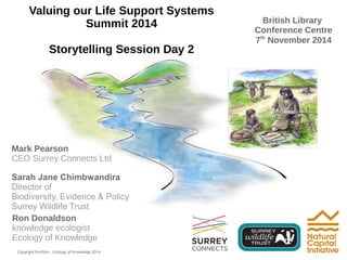 Valuing our Life Support Systems 
Summit 2014 
Storytelling Session Day 2 
Mark Pearson 
CEO Surrey Connects Ltd 
Copyright RonDon - Ecology of Knowledge 2014 
British Library 
Conference Centre 
7th November 2014 
Sarah Jane Chimbwandira 
Director of 
Biodiversity, Evidence & Policy 
Surrey Wildlife Trust 
Ron Donaldson 
knowledge ecologist 
Ecology of Knowledge 
 