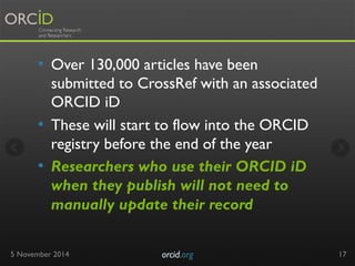 • Over 130,000 articles have been 
submitted to CrossRef with an associated 
ORCID iD 
• These will start to flow into the...