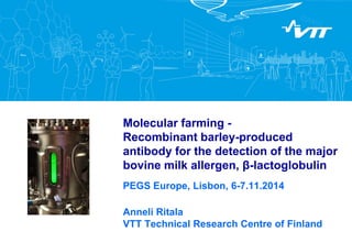 Molecular farming - Recombinant barley-produced antibody for the detection of the major bovine milk allergen, β-lactoglobulin 
PEGS Europe, Lisbon, 6-7.11.2014 
Anneli Ritala VTT Technical Research Centre of Finland 
 