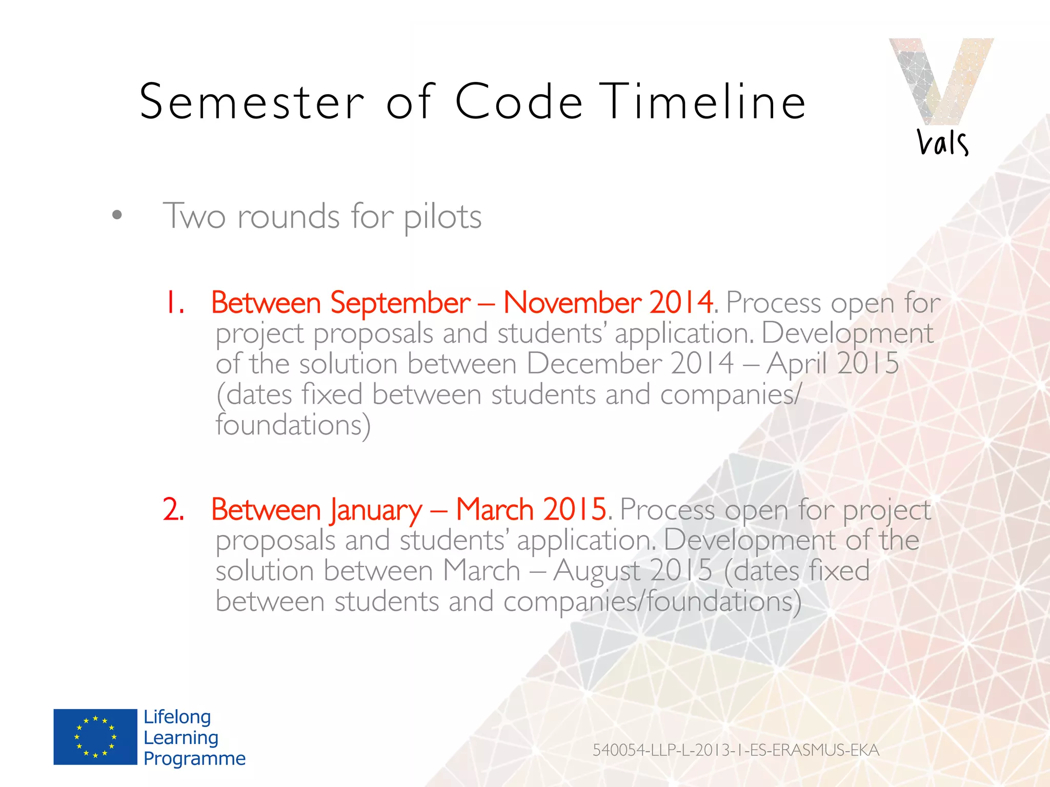 Semester of Code Timeline
540054-LLP-L-2013-1-ES-ERASMUS-EKA
•  Two rounds for pilots
1.  Between September – November 2014. Process open for
project proposals and students’ application. Development
of the solution between December 2014 – April 2015
(dates ﬁxed between students and companies/
foundations)
2.  Between January – March 2015. Process open for project
proposals and students’ application. Development of the
solution between March – August 2015 (dates ﬁxed
between students and companies/foundations)
 