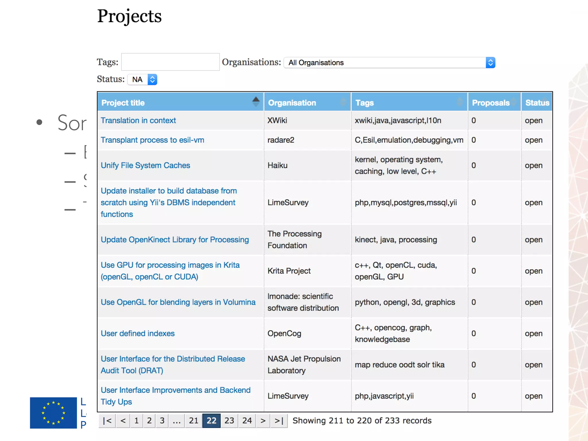 Discussion
Effective results
•  Some participation data (November 4th, 2014)
–  Eight universities
–  Sixty-two companies
–  Two-hundred and thirty-three placement proposals
540054-LLP-L-2013-1-ES-ERASMUS-EKA
 