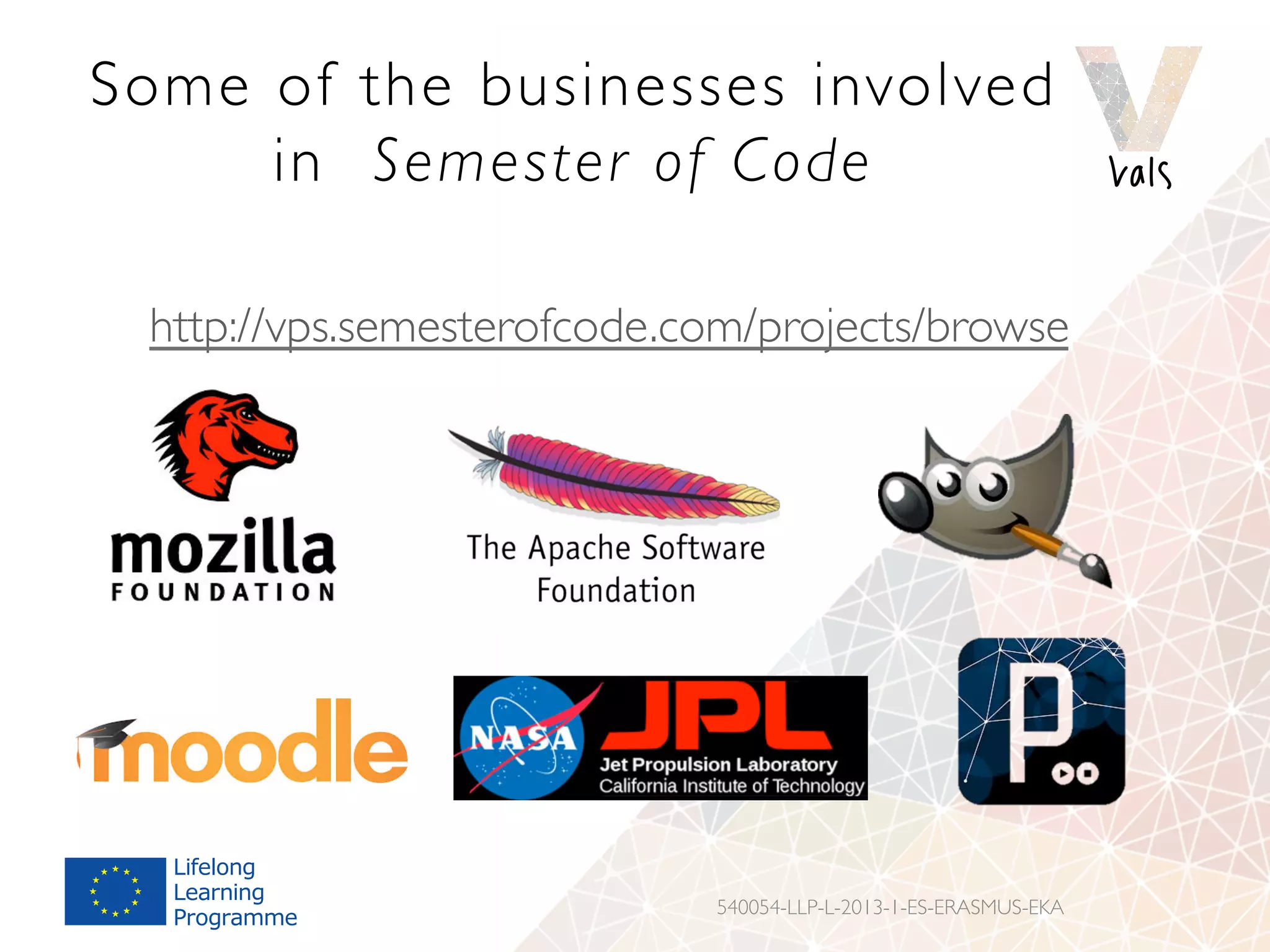 Some of the businesses involved
in Semester of Code
http://vps.semesterofcode.com/projects/browse
540054-LLP-L-2013-1-ES-ERASMUS-EKA
 