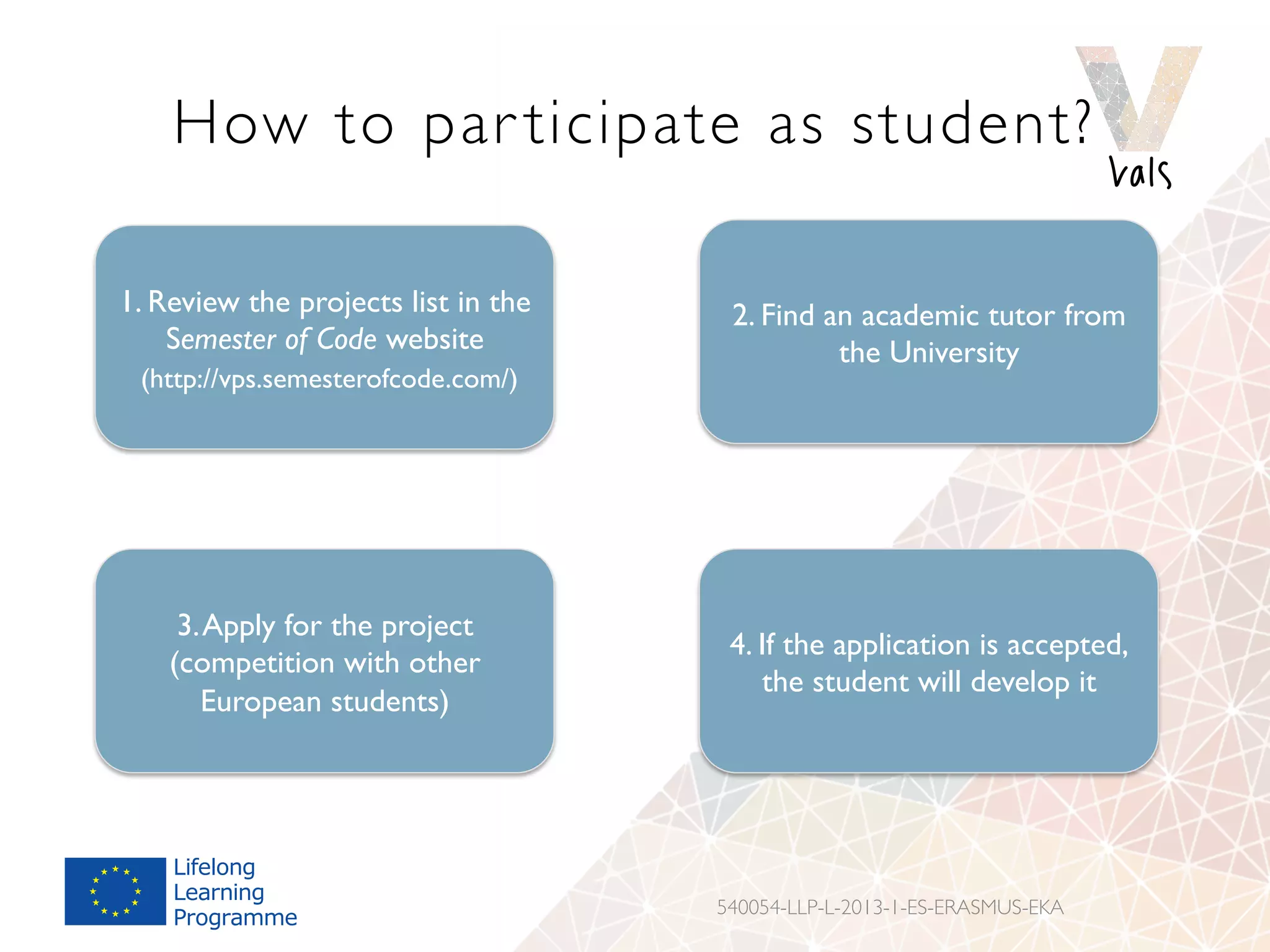 How to par ticipate as student?
540054-LLP-L-2013-1-ES-ERASMUS-EKA
1. Review the projects list in the
Semester of Code website
(http://vps.semesterofcode.com/)
2. Find an academic tutor from
the University
3.Apply for the project
(competition with other
European students)
4. If the application is accepted,
the student will develop it
 