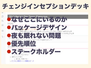 チェンジインセプションデッキ 
!なぜここにいるのか 
!パッケージデザイン 
!夜も眠れない問題 
!優先順位 
!ステークホルダー 
 
