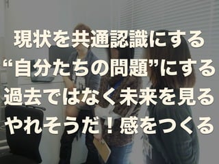 現状を共通認識にする 
“自分たちの問題”にする 
過去ではなく未来を見る 
やれそうだ！感をつくる 
 