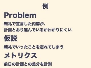 例 
Problem 
朝礼で宣言した内容が、 
計画とおり進んでいるかわかりにくい 
仮説 
朝礼でいったことを忘れてしまう 
メトリクス 
前日の計画との差分を計測 
 