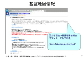 国土地理院の基盤地図情報を
ダウンロードして利用
http://fgd.gsi.go.jp/download/
出典：国土地理院 基盤地図情報ダウンロードサービス＜http://fgd.gsi.go.jp/download/＞．
基盤地図情報
20
 