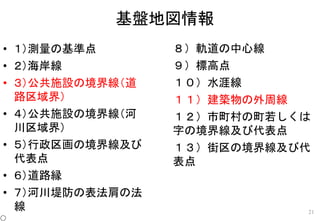 基盤地図情報
21
• １）測量の基準点
• ２）海岸線
• ３）公共施設の境界線（道
路区域界）
• ４）公共施設の境界線（河
川区域界）
• ５）行政区画の境界線及び
代表点
• ６）道路縁
• ７）河川堤防の表法肩の法
線
８）軌道の中心線
９）標高点
１０）水涯線
１１）建築物の外周線
１２）市町村の町若しくは
字の境界線及び代表点
１３）街区の境界線及び代
表点
 