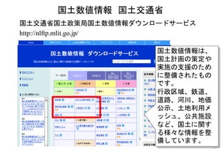 国土数値情報 国土交通省
22
国土数値情報は、
国土計画の策定や
実施の支援のため
に整備されたもの
です。
行政区域、鉄道、
道路、河川、地価
公示、土地利用メ
ッシュ、公共施設
など、国土に関す
る様々な情報を整
備しています。
国土交通省国土政策局国土数値情報ダウンロードサービス
http://nlftp.mlit.go.jp/
 