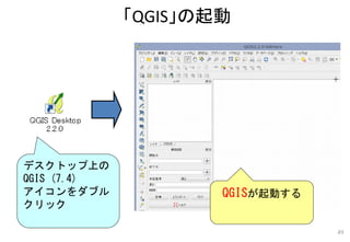 「QGIS」の起動
49
QGISが起動する
デスクトップ上の
QGIS (7.4)
アイコンをダブル
クリック
 